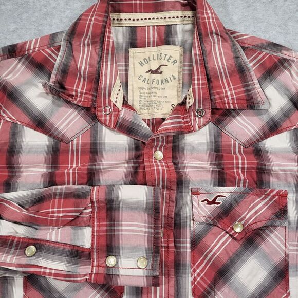 Hollister Men's Small Red Plaid Long‎ Sleeve Pearl Snap Western Shirt - Picture 1 of 10